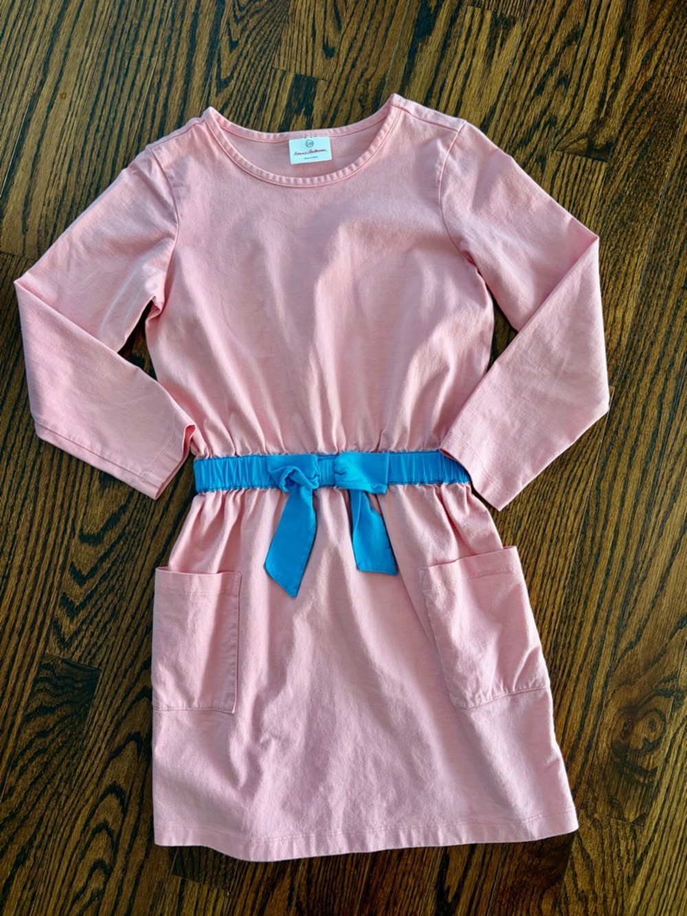 Hanna Andersson Pink Long-Sleeve Dress with Blue Waist Tie Size 130